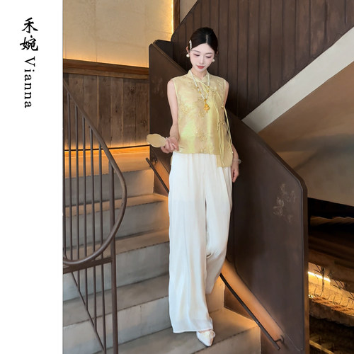 新中式高腰钉珠垂感宽松阔腿裤