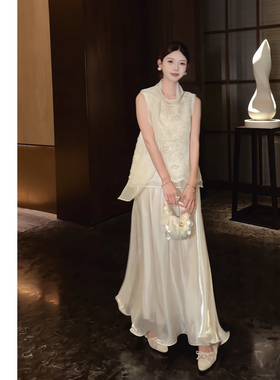 禾婉【柔纱漫语】静奢风飘带丝巾领马甲女法绣花卉蕾丝亮片上衣夏