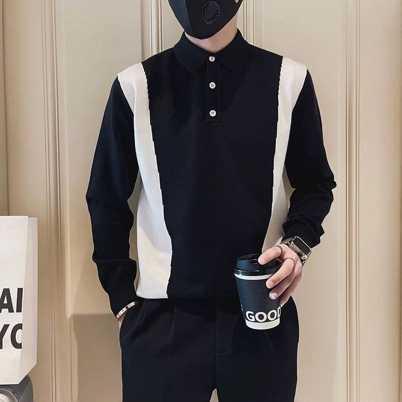 秋冬季翻领毛衣男士高级感拼色针织衫2025新款爆款痞帅内搭打底衫