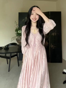 粉色刺绣连衣裙女夏季 高个子国风新中式 高级感气质收腰温柔长裙