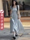长裙高级感收腰显瘦裙子 方领蓝色连衣裙女2024夏季 新款 赫本风法式