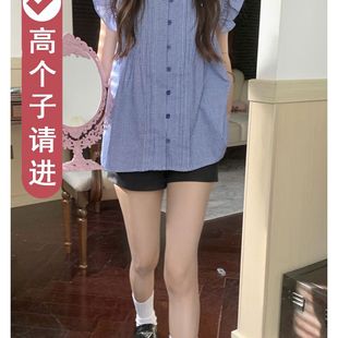 小飞袖 蓝色格子衬衫 女夏季 上衣 法式 设计感小众白色无袖 别致娃娃衫