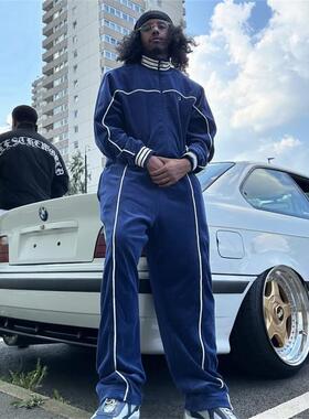 Corteiz 恶魔岛菱形格蓝丝绒高质量外套长裤套装刺绣美式街头风格