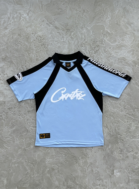 Corteiz 新款夏季街头嘻哈Drill风翻领蓝色足球服印花恶魔岛短袖