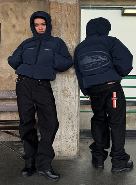 Corteiz 新款街头男女款双条纹宽松黑色牛仔裤秋冬季百搭休闲长裤