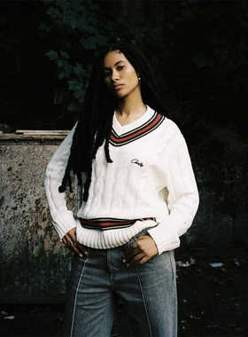 CroteizSweater美式V领麻花拼色毛衣街头宽松慵懒学院风针织衫