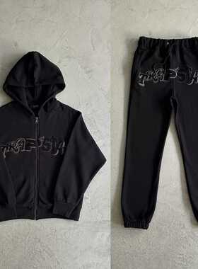 Trapstar黑色加大宽松发泡小脚日系潮牌男女同款连帽卫衣长裤秋冬