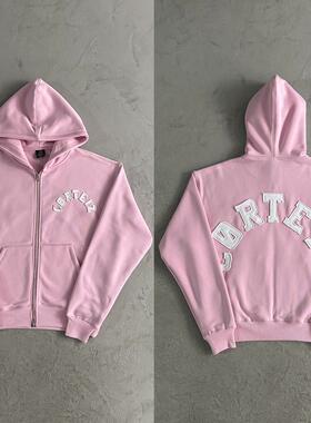 Corteiz 新款时尚百搭潮学院拱形粉色开衫连帽卫衣长裤套装男女款