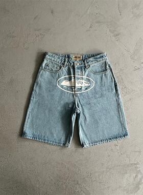 Corteiz 新款恶魔岛复古街头牛仔短裤美式宽松休闲男女五分裤直筒