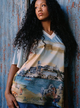 Corteiz新款美式嘻哈Drill风油画V领网眼球服印花时尚宽松短袖T恤