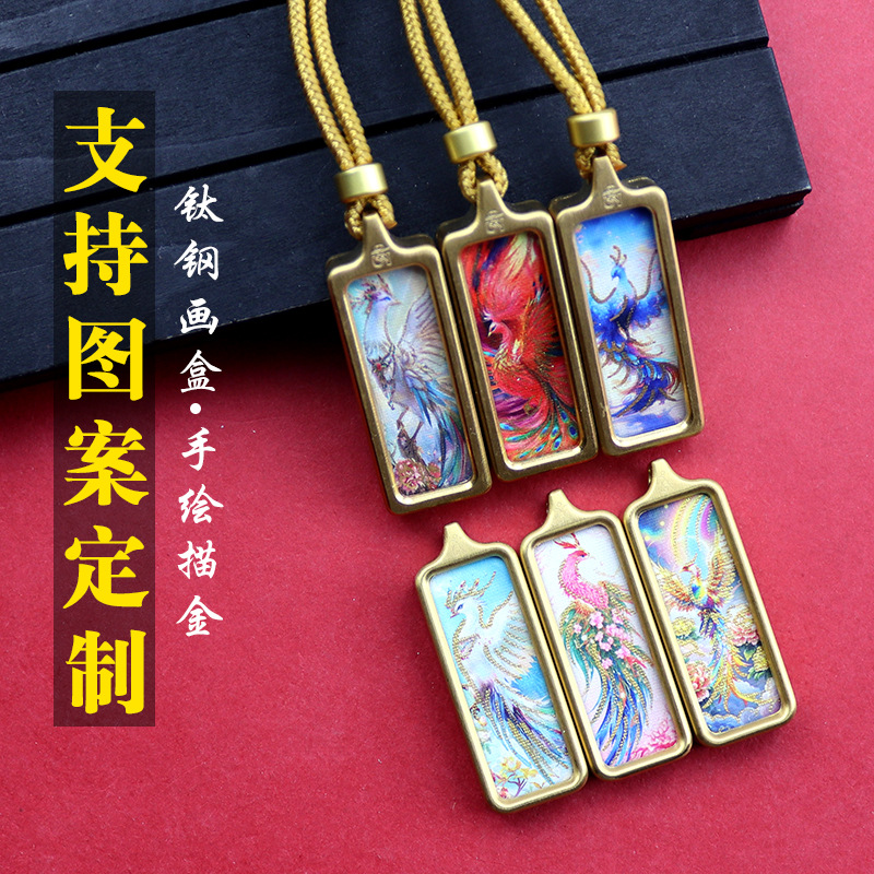 藏式钛钢唐卡吊坠手绘描金护身符