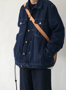 日系复古深蓝色牛仔外套男痞帅秋季潮宽松大码新款休闲夹克牛仔衣