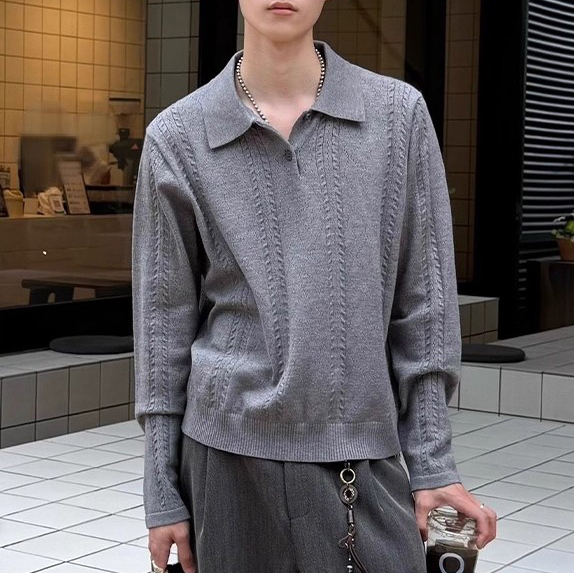 灰色老钱风麦穗纹长袖t恤毛衣