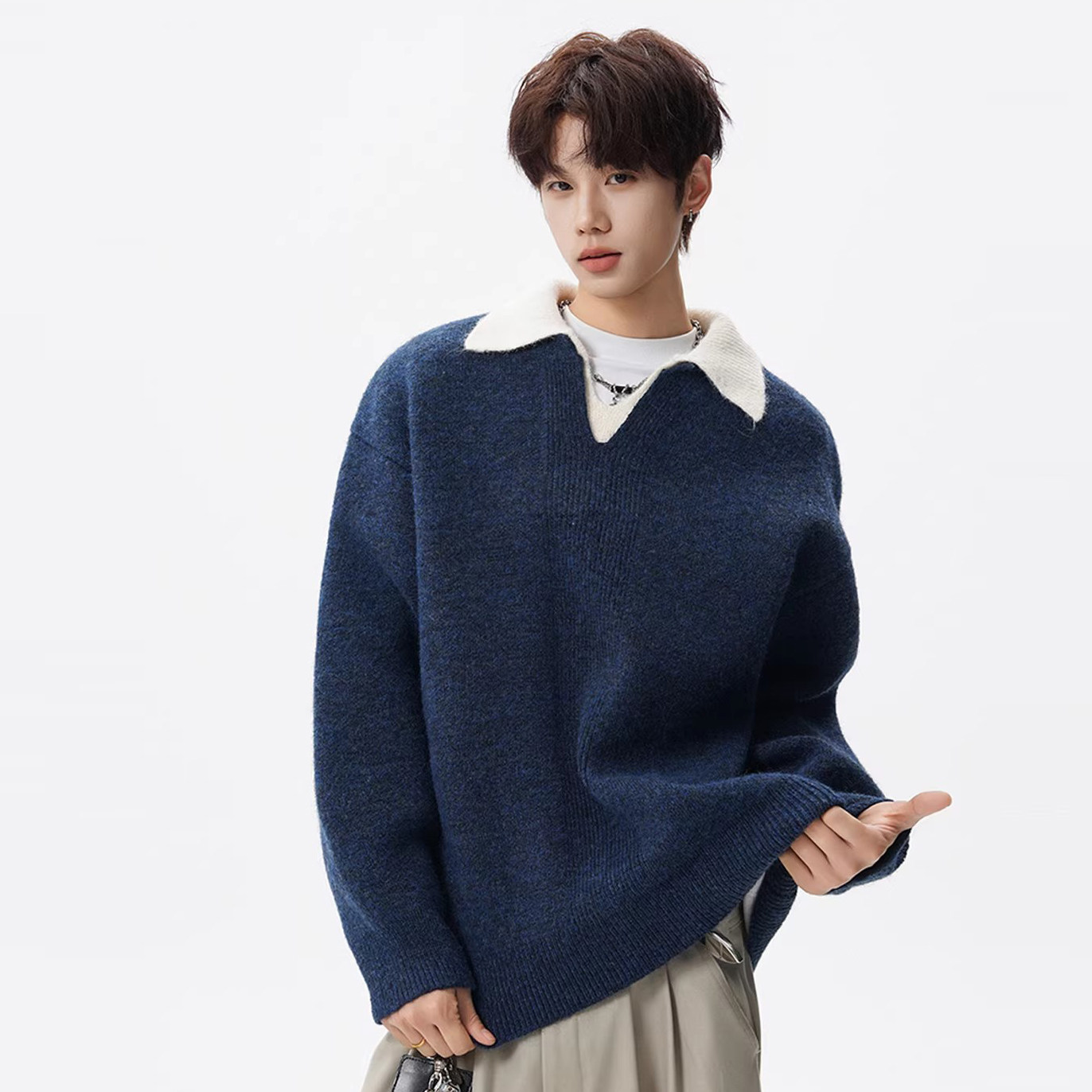 重磅休闲翻领毛衣男秋冬季复古双拼色针织衫高级感保暖情侣打底衫,男装,针织衫/毛衣,淘宝优惠券,粉丝福利购,淘宝优惠卷