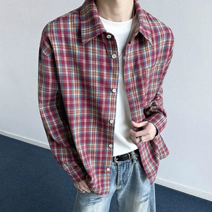 秋季日系大码格子长袖翻领衬衫男复古高街撞色叠穿宽松休闲衬衣潮