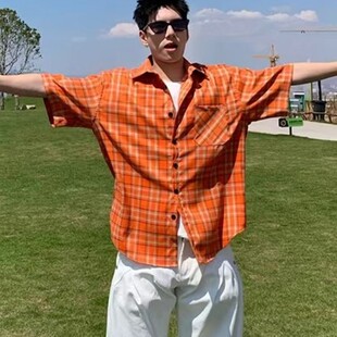 美式vibe复古橘色格子衬衫男短袖夏季薄款设计感格纹防晒衬衣外套