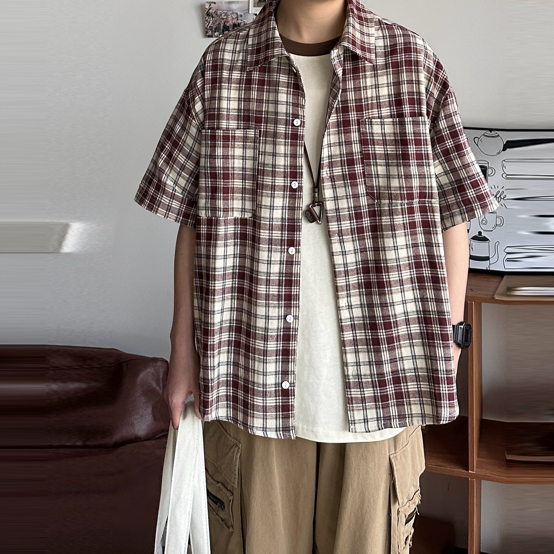 日系工装复古格子翻领短袖叠穿文艺衬衫男女生宽松慵懒情侣衬衣潮