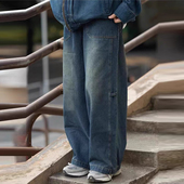 男女生oversize水洗复古蓝直筒宽松休闲裤 牛仔裤 工装 日系复古大码