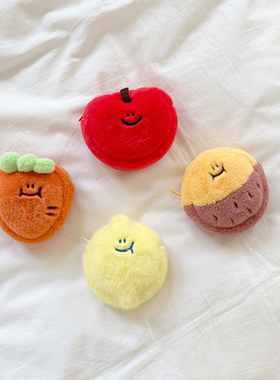 韩国second morning可爱柠檬毛绒耳机口红卡收纳包零钱包女包挂件