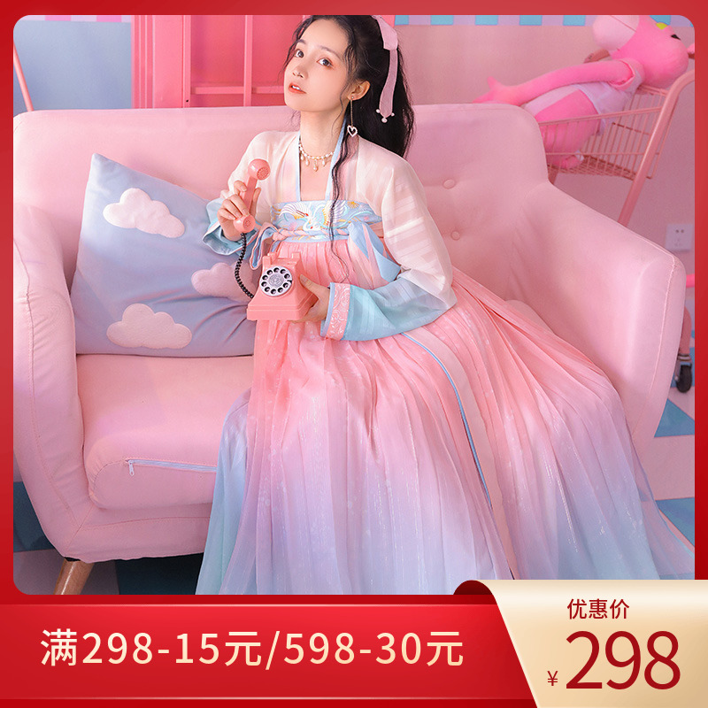 重回汉唐初夏直领对襟衫唐制齐胸襦裙渐变套装5米大摆夏季汉服女