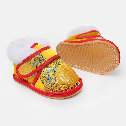 【1-3岁加绒高帮五福】冬季新年儿童红色户外保暖防水手工胶底鞋