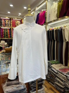 藏式风衬衣男春夏季棉麻衬衫凉爽透气白色纯色藏袍内搭23新民族风