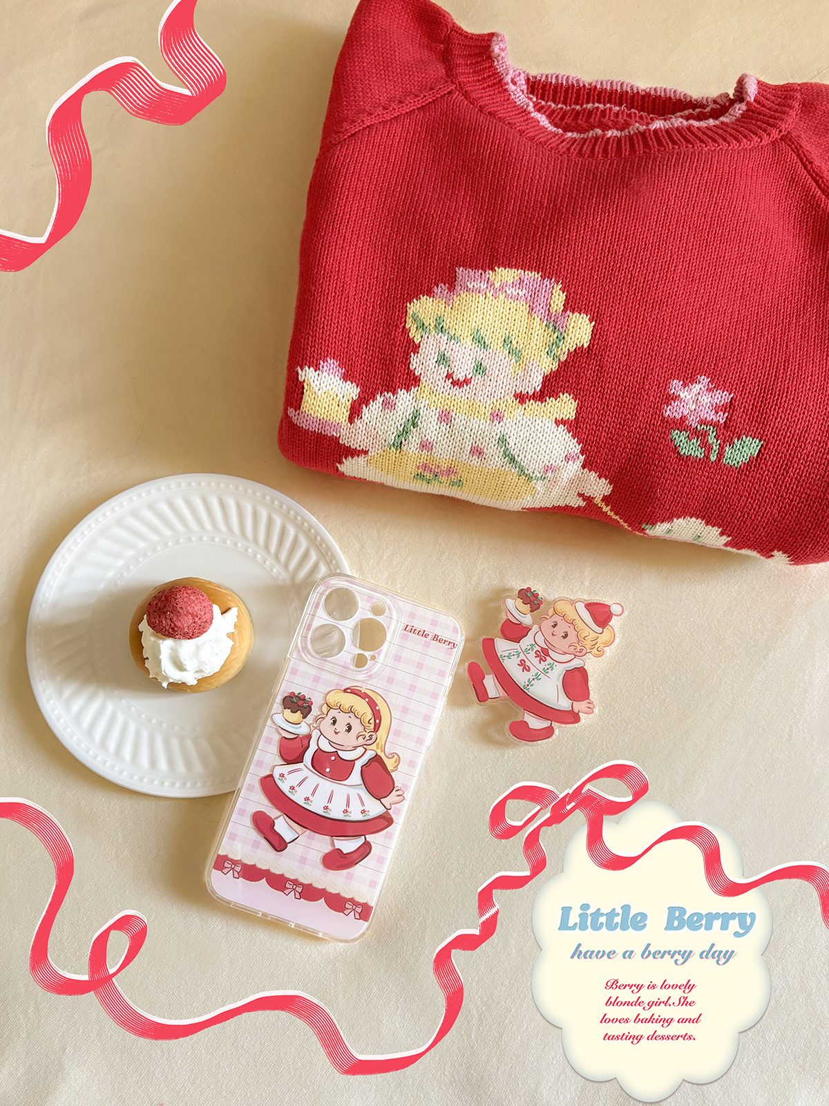 Little Berry双层手机壳新年红格可爱女孩原创插画全包镜头精孔蛋糕烤出来啦