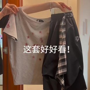 正反两面穿十字架斜肩上衣街舞休闲裤 夏日搭配一整套美式 两件套潮