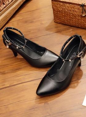 新款真皮女单鞋高跟中跟韩版性感女单鞋婚鞋细跟小码浅口32.33.34