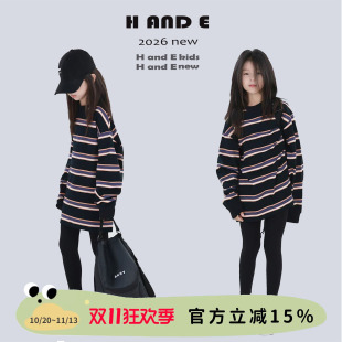 H AND E 韩系女童紫粉条纹T恤中大童宽松26秋冬长款上衣母女亲子