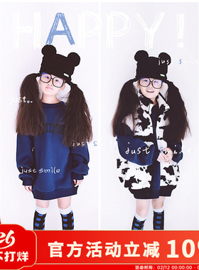 H AND E原创26冬季新品加绒套头洋气休闲藏蓝色纯色加厚字母卫衣