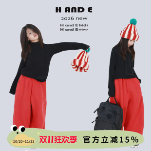 H AND E 原创儿童休闲运动裤男女童2026新款红色两穿卫裤长裤亲子