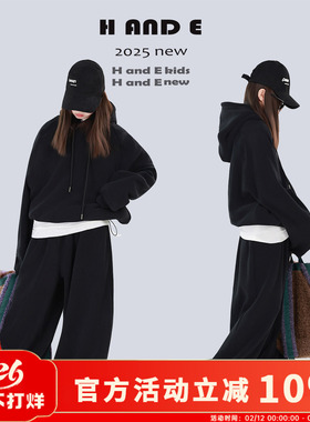 H AND E 原创童装26冬季加厚保暖黑色加厚摇粒绒套装女童亲子装