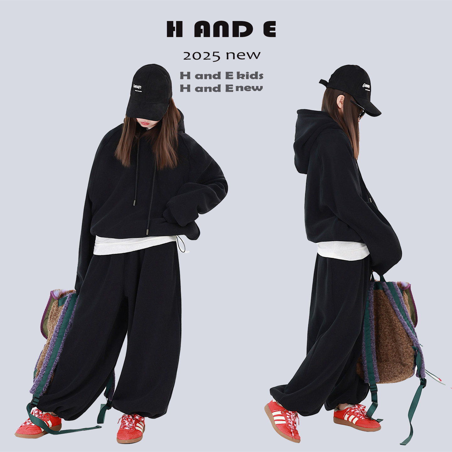 H AND E 原创童装26春秋加厚保暖黑色加厚摇粒绒套装女童亲子装