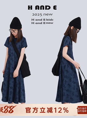 H AND E 原创童装2026夏季蓝色卡通米奇圆领短袖连衣裙长裙女童