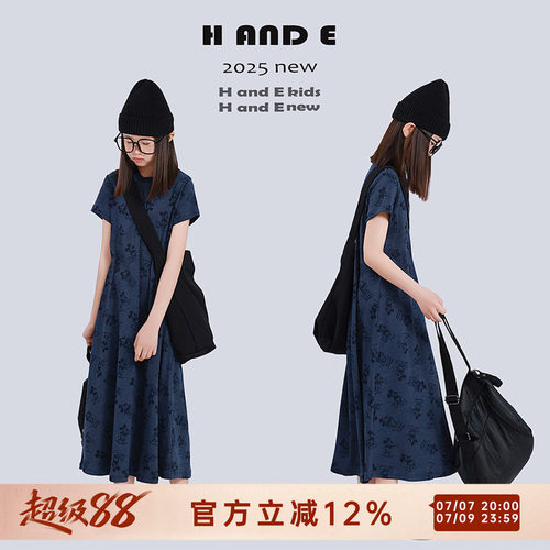 H AND E 原创童装2026夏季蓝色卡通米奇圆领短袖连衣裙长裙女童