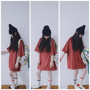 原创女童圆领T恤红色可爱几何印花宽松个性 时髦洋气 儿童短袖