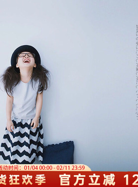 原创童装蓝灰色织不规则波浪半身裙森系风大摆伞裙中大儿童