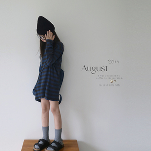 H AND E 原创童装蓝咖条纹T恤内搭女童2026早春新款宽松长袖上衣