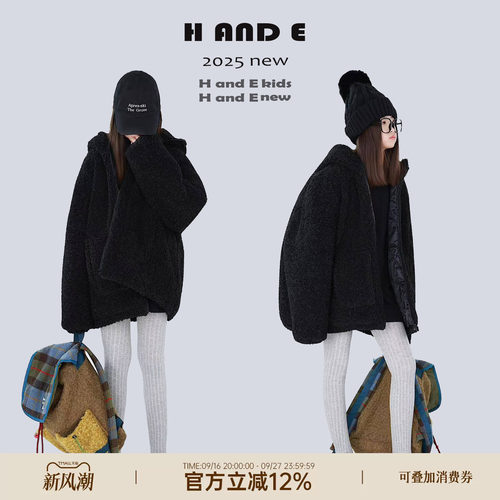 HANDE黑色羊羔毛连帽棉服