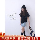 黑色飞袖 T恤木耳边落肩衫 休闲百搭短袖 早秋童装 上衣亲子装