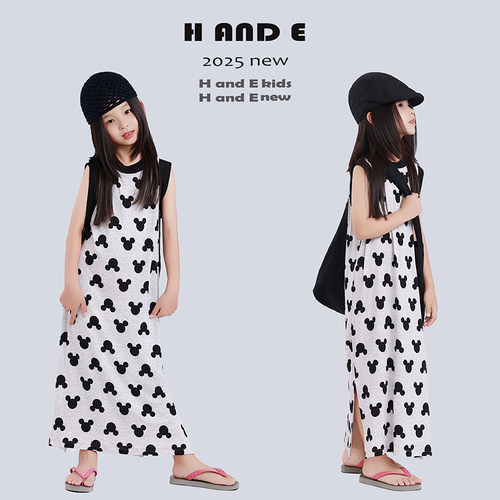 H AND E 原创童装2026夏季可爱无袖灰色米奇长裙女童母女亲子装