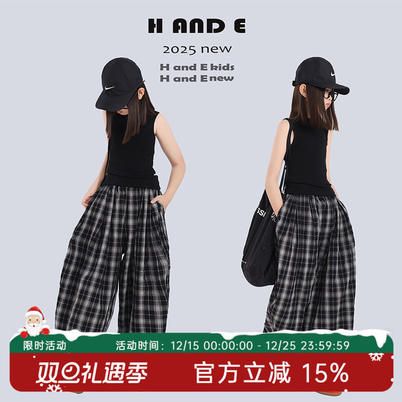 H AND E 原创童装2025夏季黑色休闲阔腿格子裤女童母女亲子装