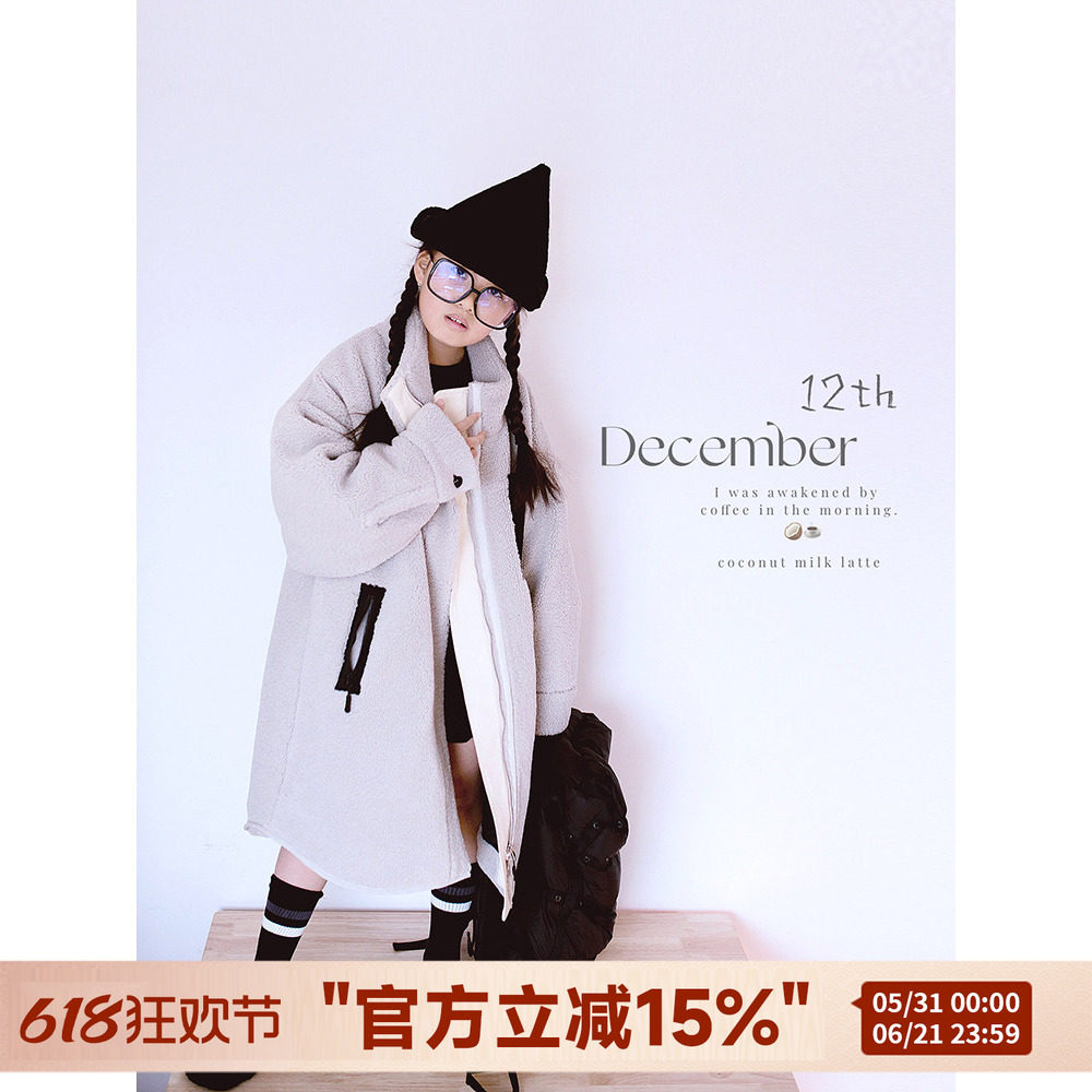 H AND E新雪丽羊羔毛长款棉服冬季新款亲子装休闲加厚长棉服外套