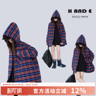 AND 加厚保暖复古蓝红格子衬衫 26冬季 连帽棉服外套 原创童装