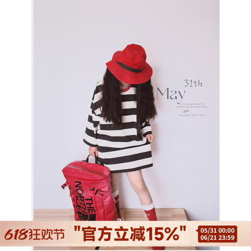 H AND E 原创童装黑白条纹长袖T恤女童早春2026早春新款连衣裙