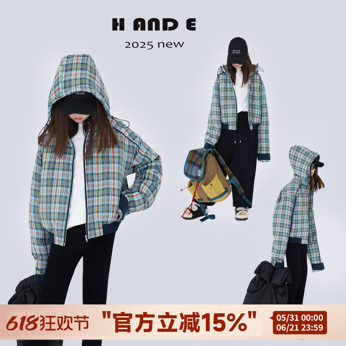 H AND E 原创童装26秋冬季保暖蓝橘格子连帽飞行员夹克棉服外套女