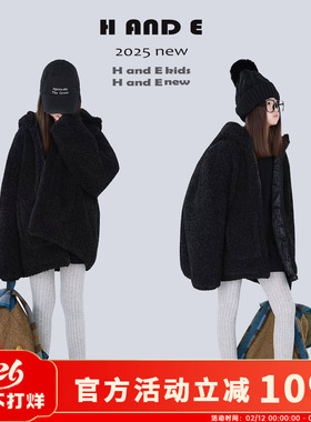 H AND E 原创童装26冬季加厚保暖黑色羊羔毛连帽棉服外穿女童外套