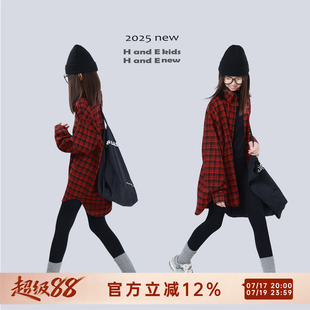 H AND E 原创童装26秋冬季复古红黑格子磨毛加厚衬衫外套女童亲子