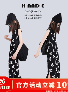 H AND E 原创童装2025夏季黑色米奇无袖长裙卡通垂感背心裙子女童